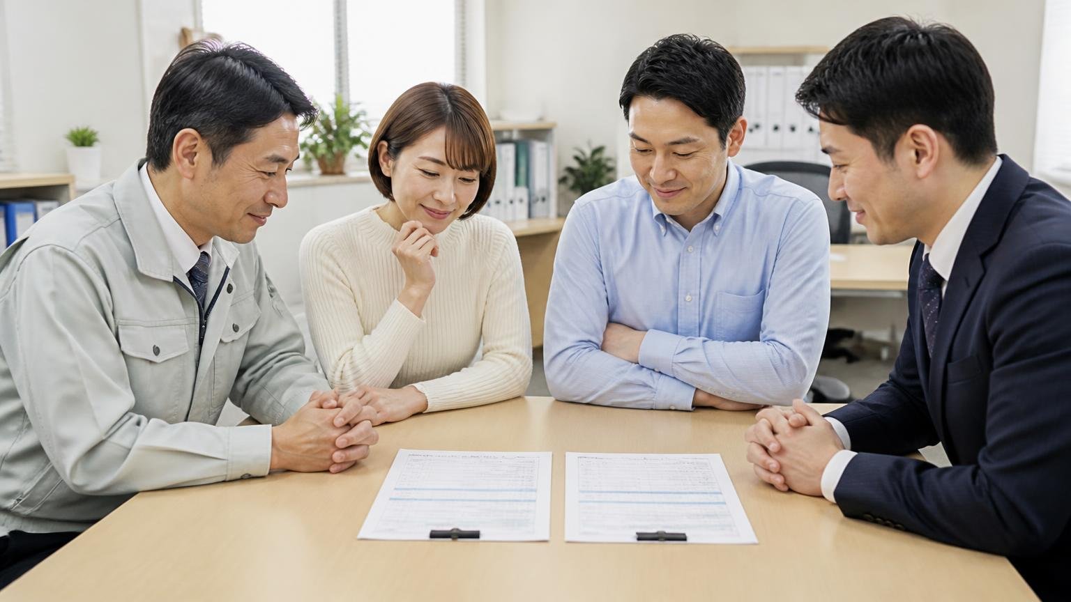 地元の業者と全国対応の業者を1社ずつ並べる 営業所の机に見積書を2枚並べて見比べる男女2人が納得した表情でうなずく