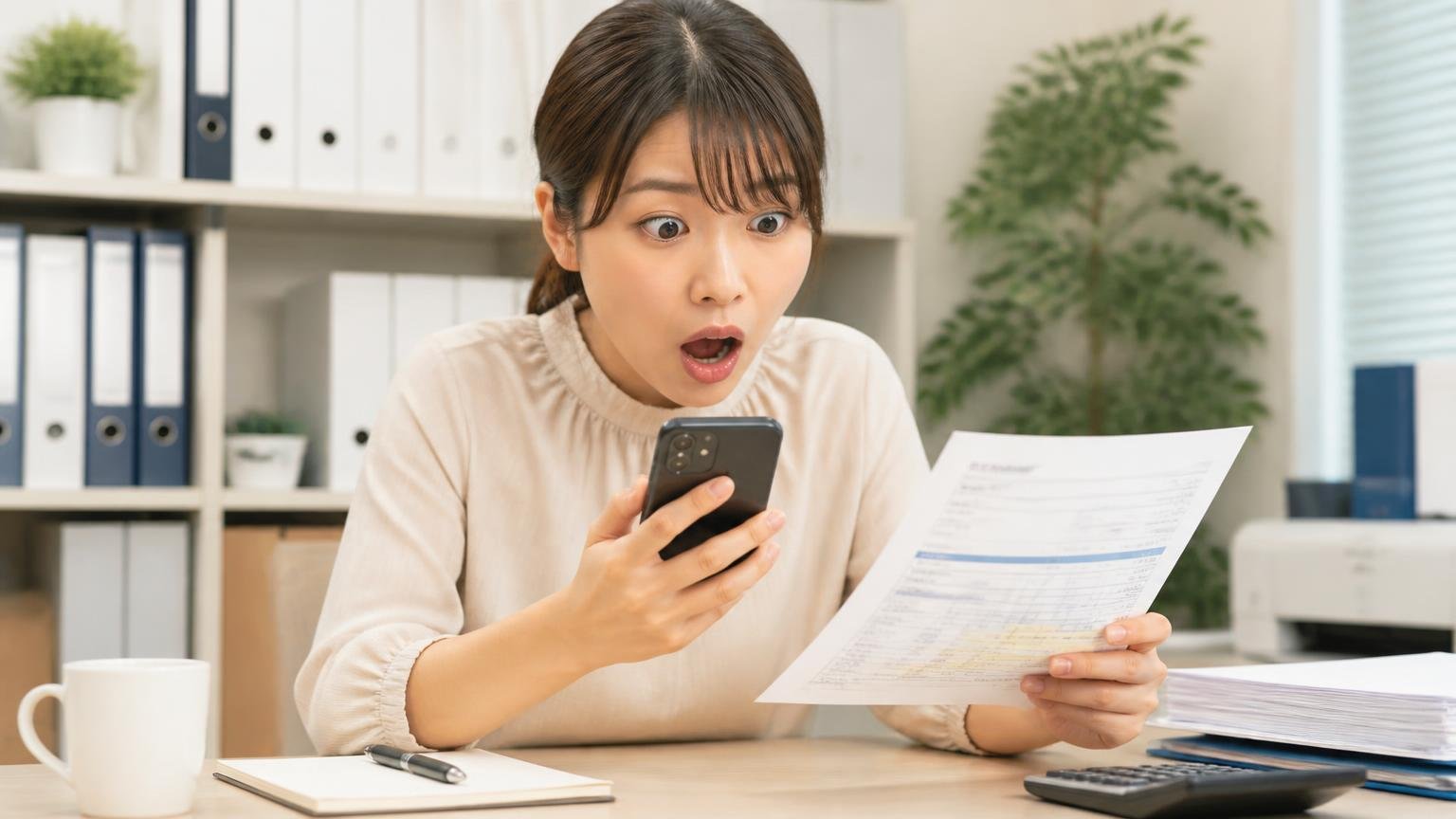 無料の範囲と支払い方法が公式に明記されているか 事務所の机で見積書とスマホを見比べる女性1人が目を丸くする