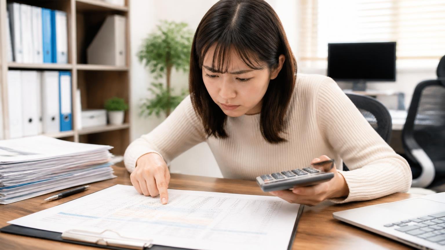 査定料・出張費・書類手続きの「無料の範囲」が書いてあるか 事務所の机で見積書を広げる場面 女性1人が電卓を片手に項目を指さして眉を寄せる