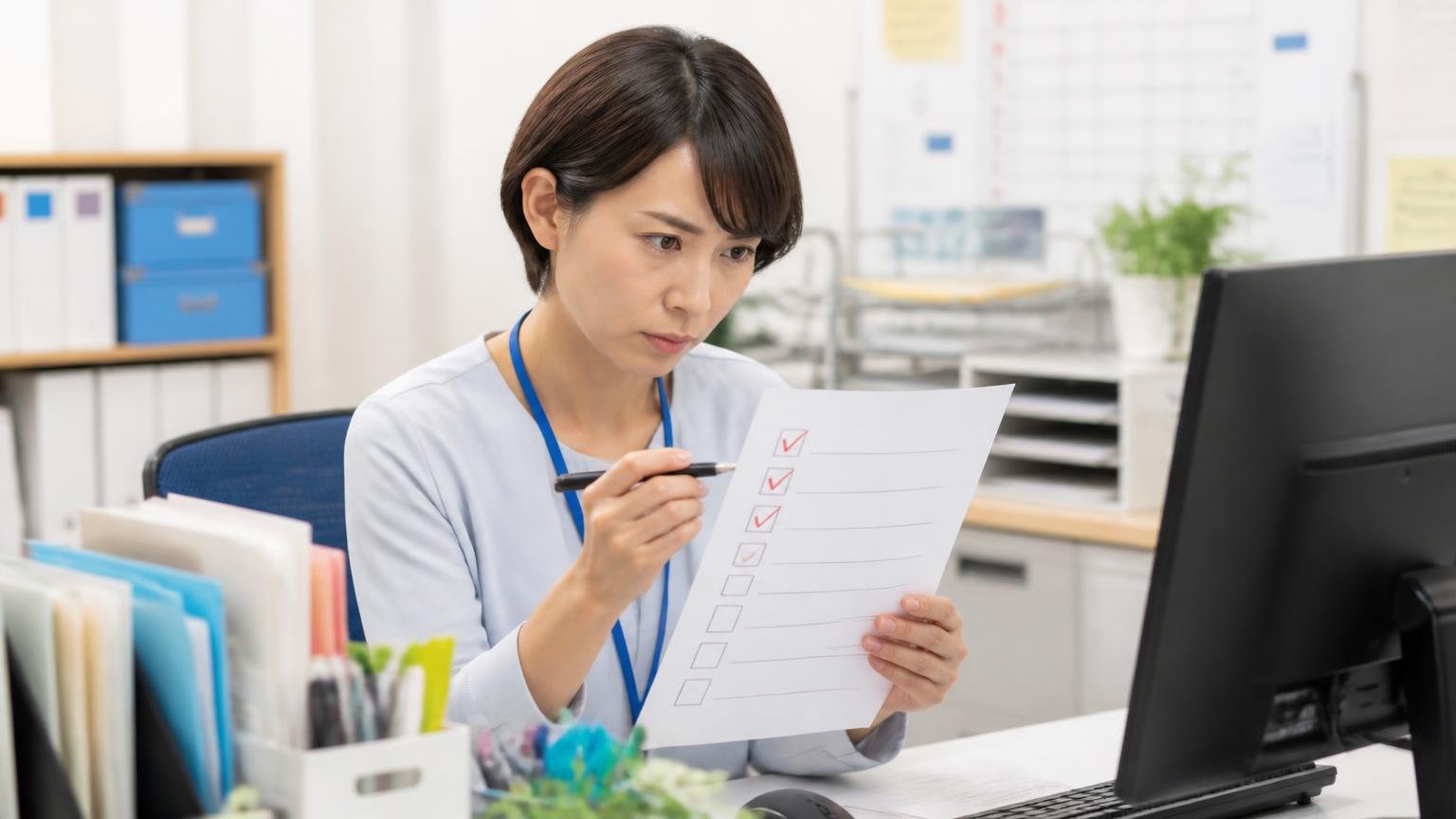 公式サイトで確認したい4つの項目 事務所のパソコン前で女性事務員1人がチェックリストに真剣な顔で印をつける