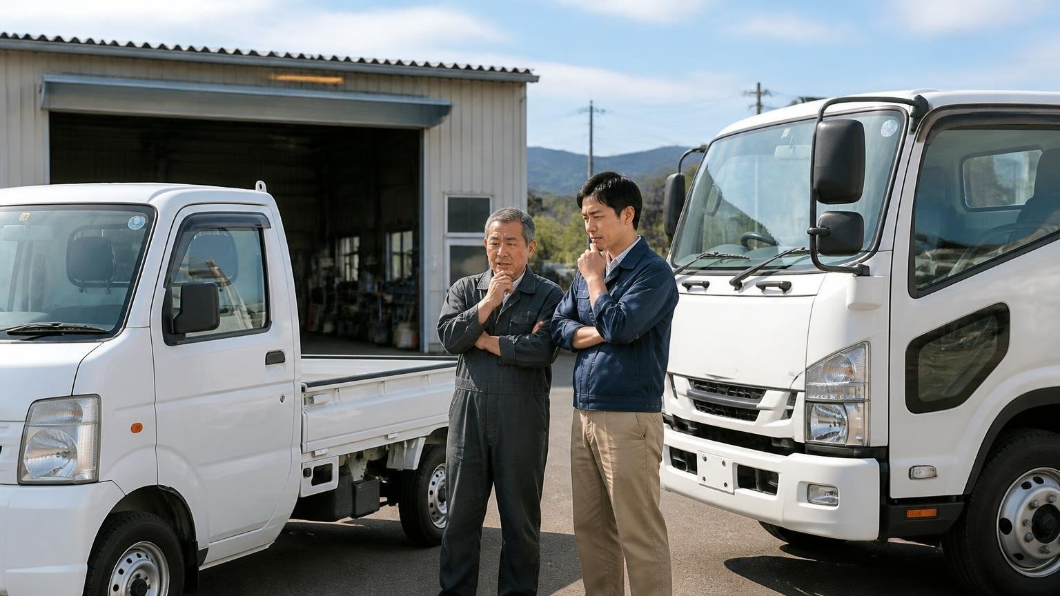 鳥取の郊外の整備工場の前で、軽トラックと2tトラックを見比べて相談する60代の父と30代の息子の2人