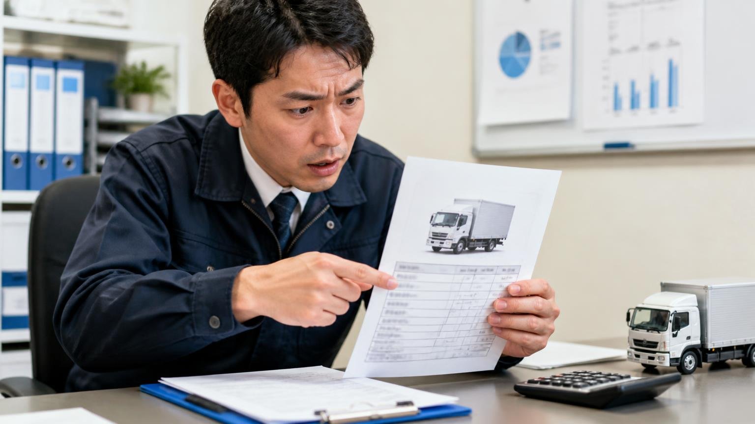 査定料・出張費・書類手続きの「無料の範囲」が書いてあるか 事務所の机で男性1人が4tトラックの見積書を指さして確認する