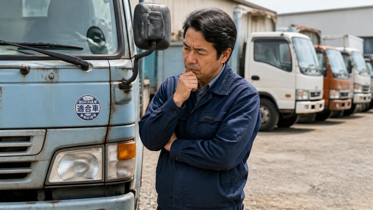 古いディーゼル車は千葉県内で走れない。だから海外販路を持つ業者も並べる、年季の入ったディーゼルの4tトラックの前で、男性経営者が排ガス規制のステッカーを見ながら腕組みして考え込んでいる