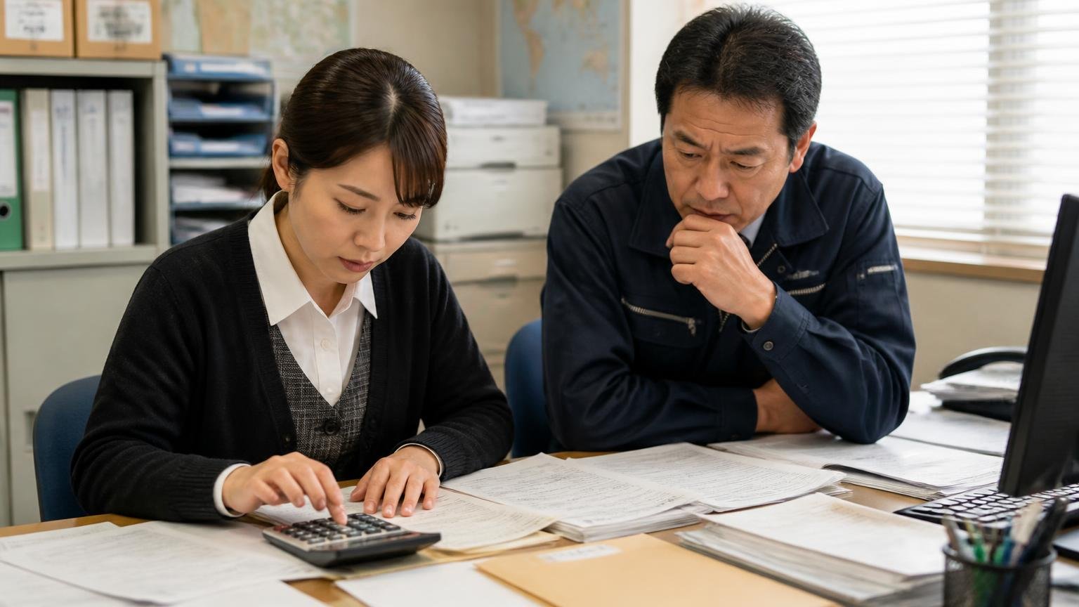 県内のトラック運送事業者854社のうち45%は保有5両以下 小さな運送会社の事務所で請求書を前に電卓を叩く女性1人と社長の男性1人、真剣な表情