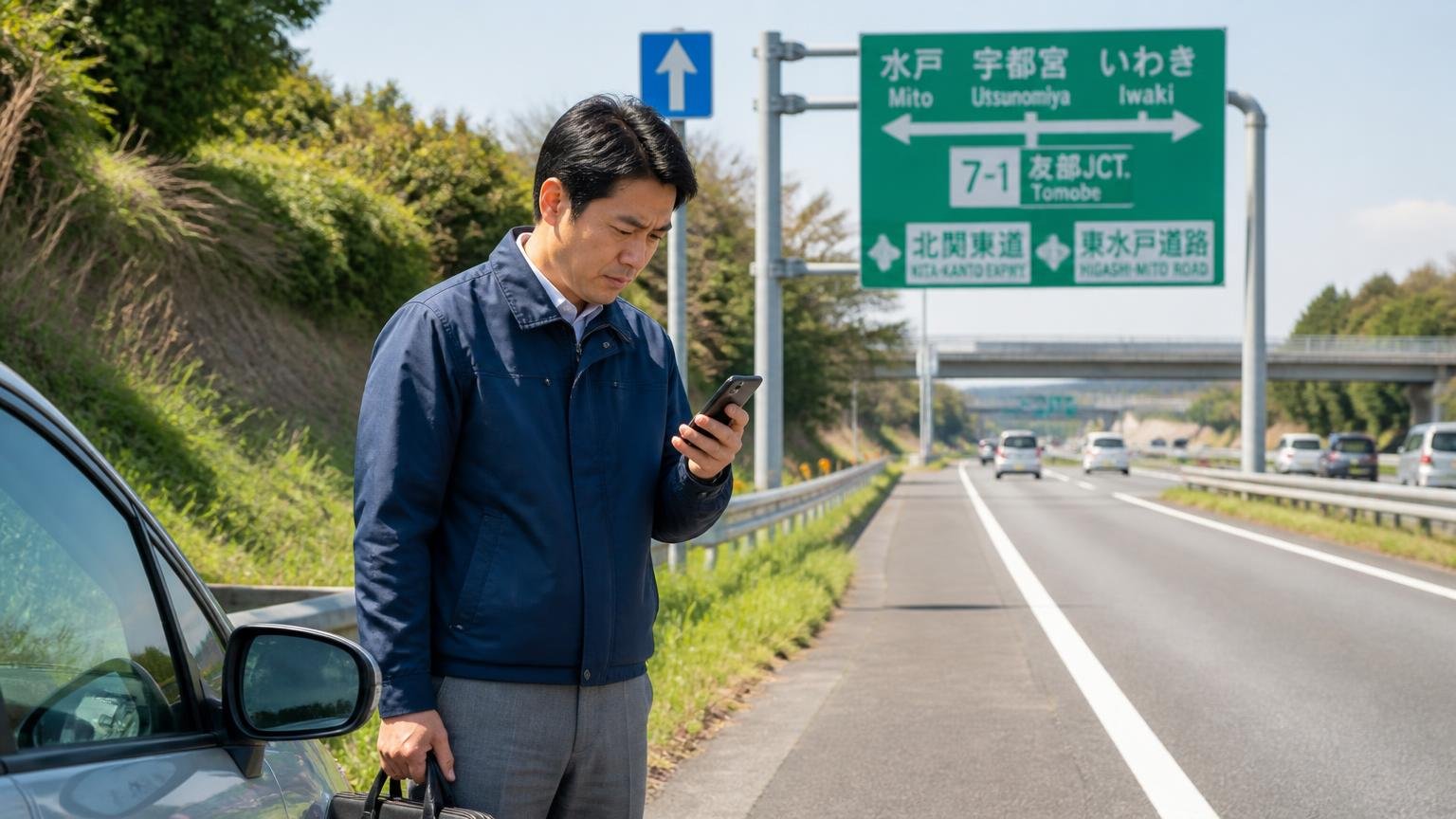 常磐道・北関東道・東水戸道路が交わる水戸市は、県内外の業者が出張しやすい。高速道路のインター出口付近の路肩で地図アプリを見ながら査定先へ向かう買取業者の男性1人