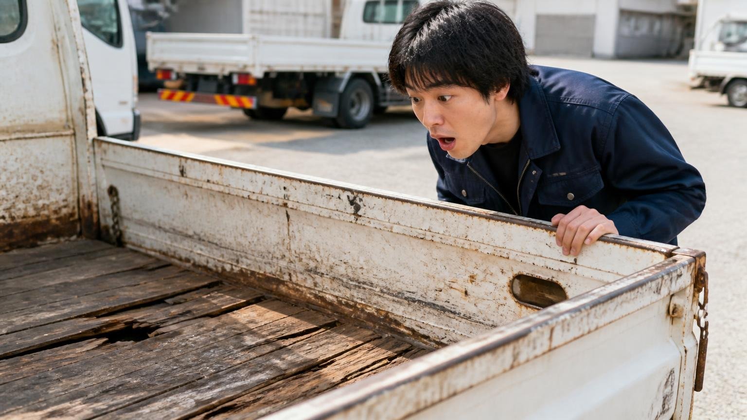 貨物車の平均車齢は12年超、屋外で年季の入った2t平ボディの荷台を確認する20代ドライバー男性が目を丸くする