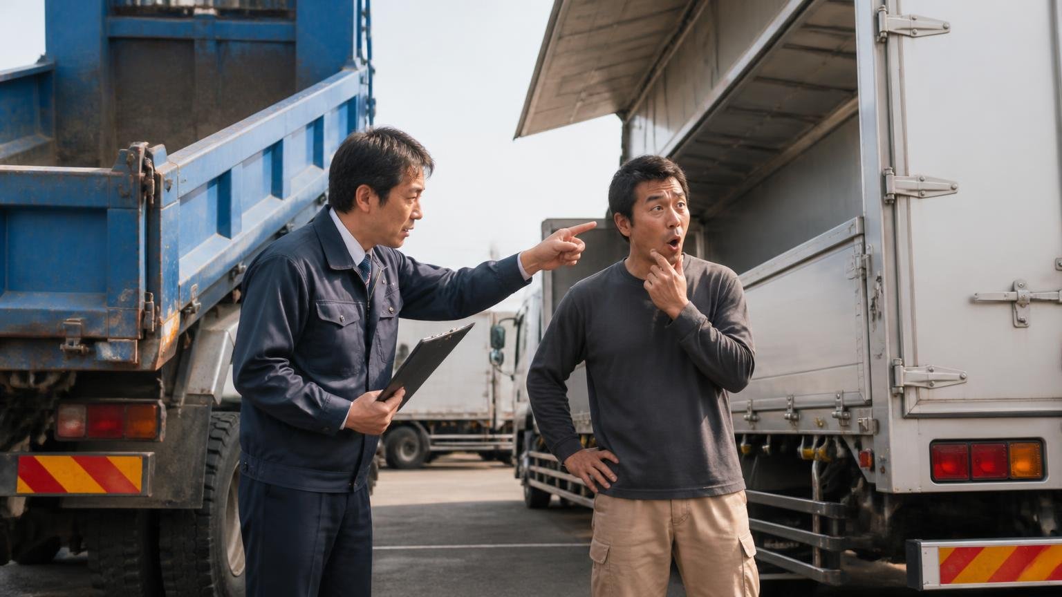相場は「クラス」ではなく「年式・架装・状態・業者の販路」で決まる 車庫でダンプとウイングを見比べる屋外 査定士1人と事業主1人 架装を指差し驚く表情