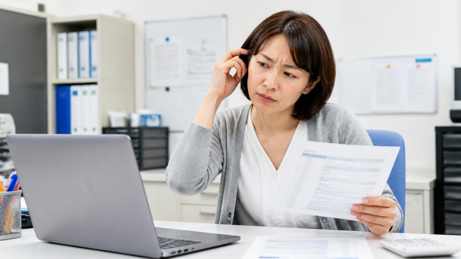 相場表の数字は自分の1台の金額ではない 営業所の事務所 ノートパソコンの相場表と見積書を見比べて首をかしげる30代女性事務員