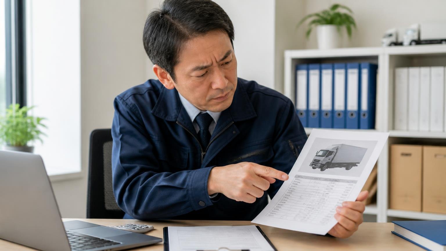 査定料・出張費・書類手続きの「無料の範囲」が書いてあるか 事務所の机で男性1人が4tトラックの見積書を指さして確認する