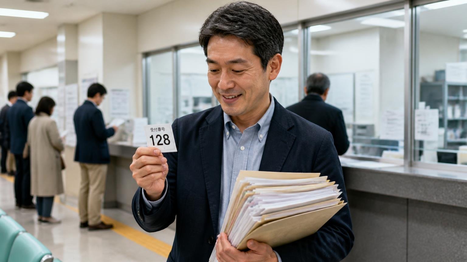 北九州ナンバーの手続き窓口は小倉南区。登録事務所の窓口前で書類の束を持つ男性1人が受付番号札を見て安堵の表情