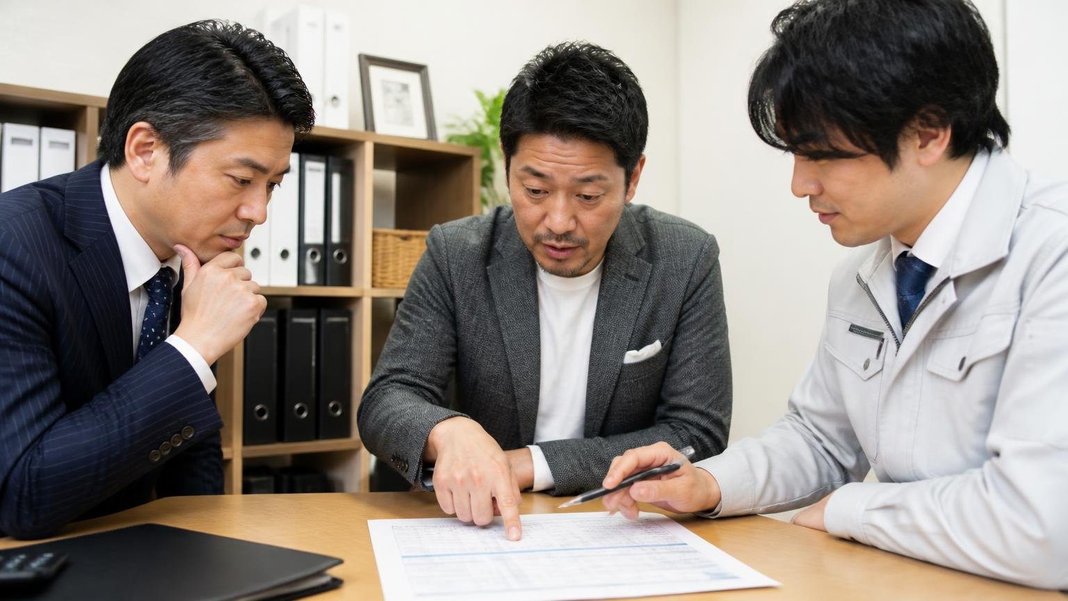 「無料の範囲」が書面で分かるか、事務所の机で見積書の項目を指で追う男性経営者と査定士2人