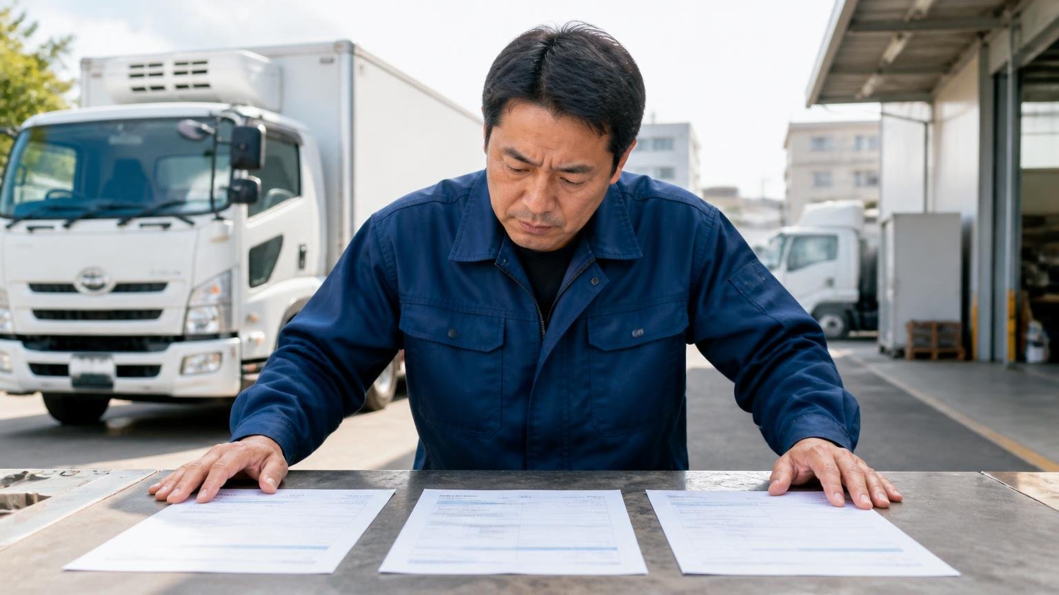 だから「地場1社+全国型1〜2社」を並べるのが高松市の正解。高松市内の車庫で4tトラックの前、ドライバーの男性が見積書を3枚並べて見比べる
