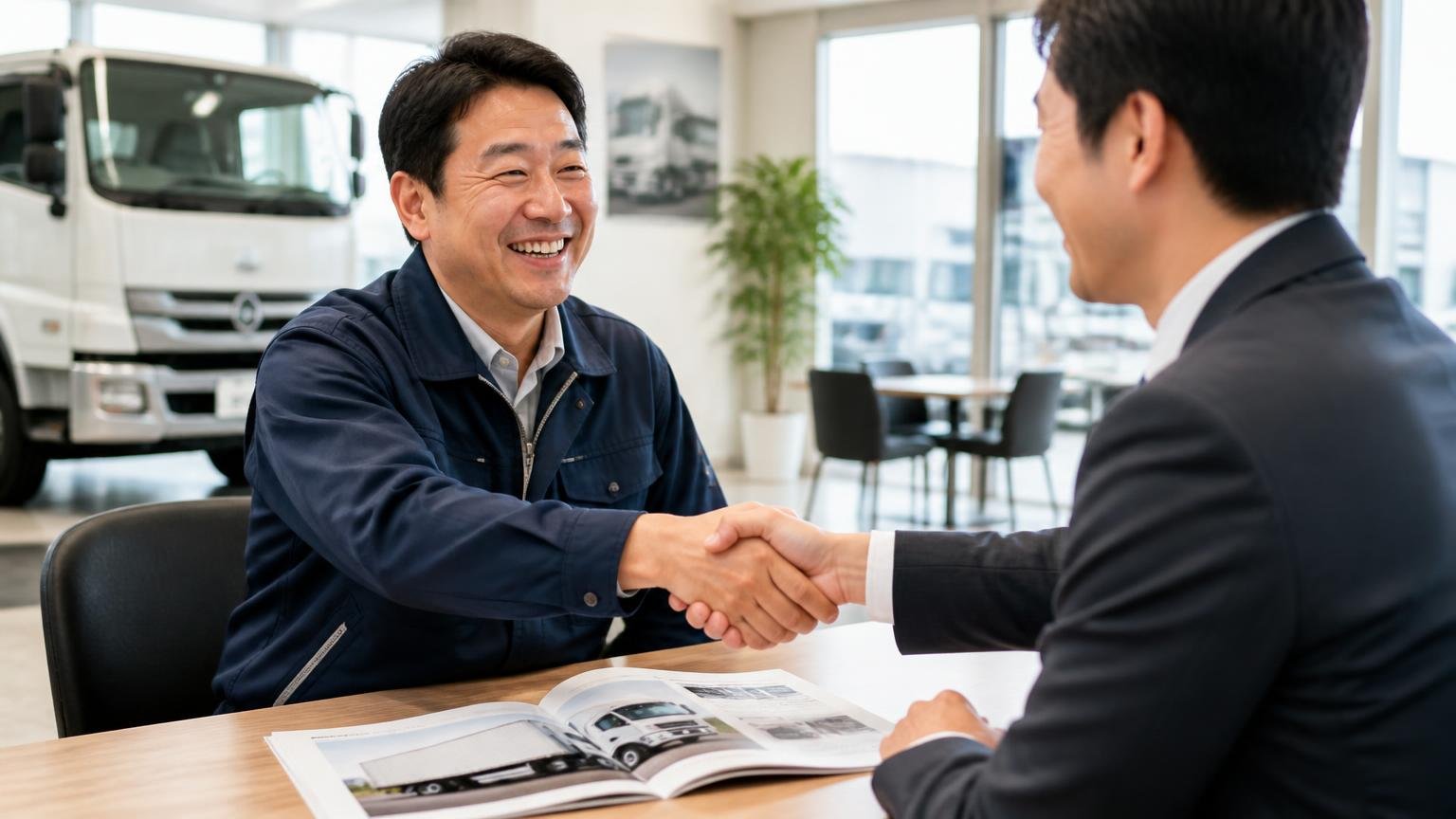 ディーラー下取りや一括査定が向いている人もいる 販売店の商談スペース 新しいトラックのカタログを前に営業担当と握手して笑顔になる運送会社の男性