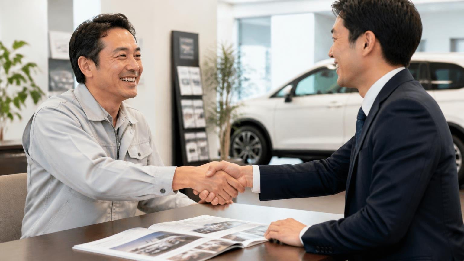 ディーラー下取りや一括査定が合う人もいる 販売店の商談スペース 新車カタログを前に営業担当と握手して笑う運送会社の男性