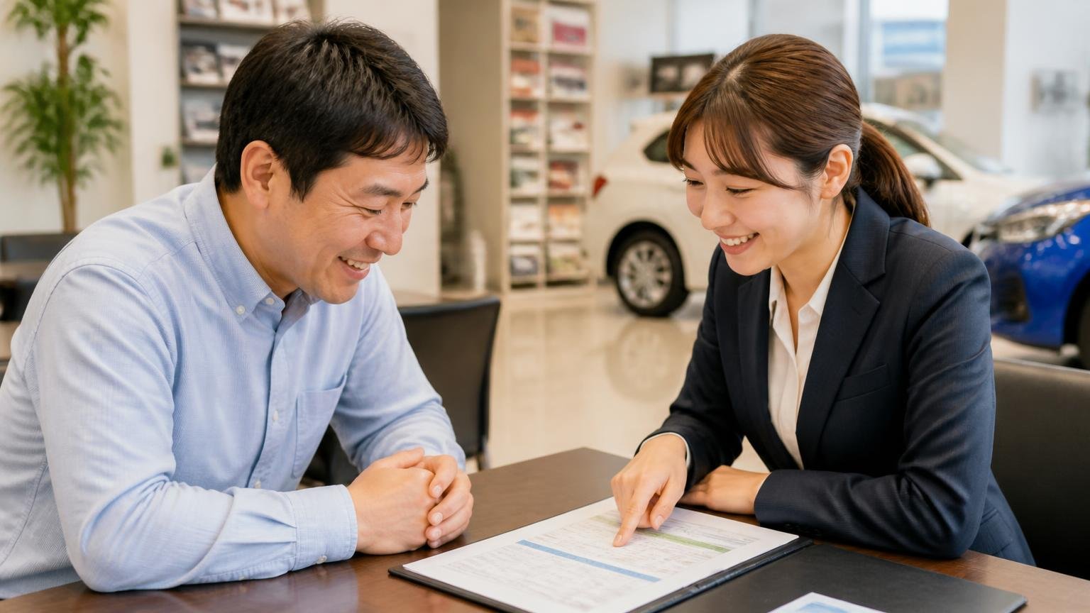 ディーラー下取りや一括査定が合う人もいる 販売店の商談テーブル 男性客と女性スタッフの2人 書類を指さし納得の笑顔