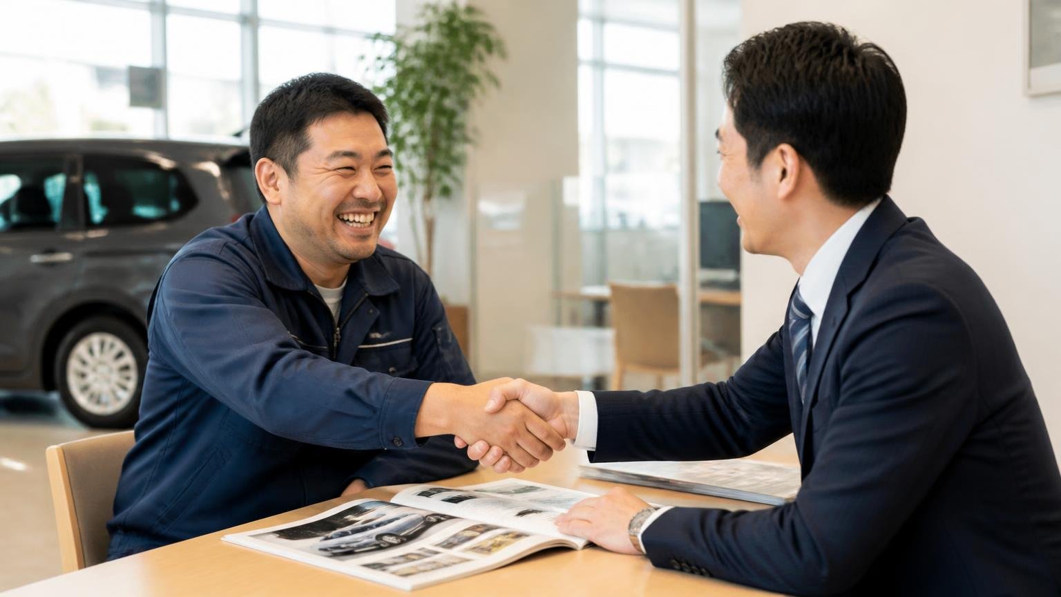 ディーラー下取りや一括査定が合う人もいる 販売店の商談スペース 新車カタログを前に営業担当と握手して笑う運送会社の男性