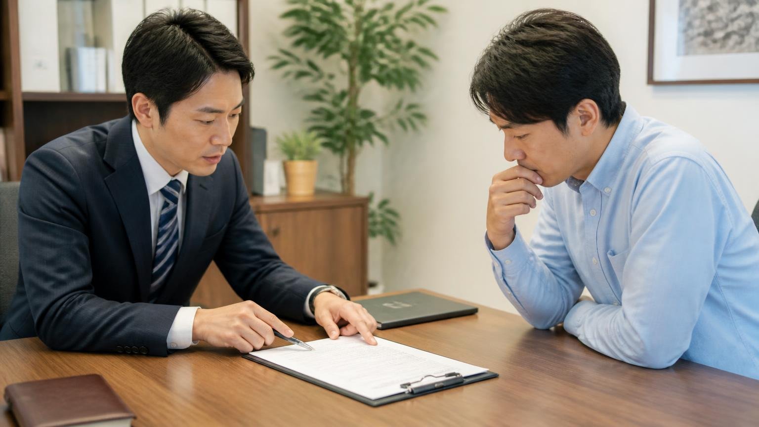 契約後の減額とキャンセルの条件を、契約前に書面で確認する 営業所の応接机 男性2人 契約書を指さし真剣に確認