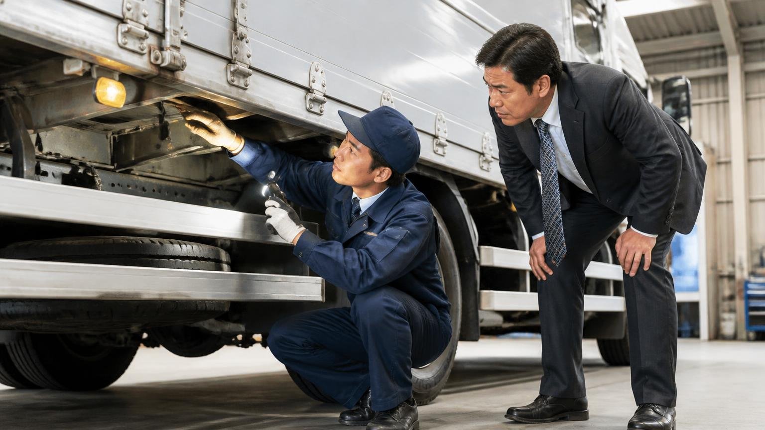 電話の概算と現車査定の差が出る条件を先に聞いておく、車庫で4tウイングトラックの荷台の床と下回りをライトで照らす査定士と、身を乗り出して見守る運送会社の社長