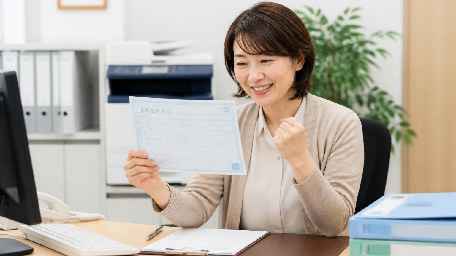 名義変更・抹消の代行と「完了の知らせ方」を確認する 事務所の机で名義変更後の車検証のコピーを確認してほっとする女性事務員1人