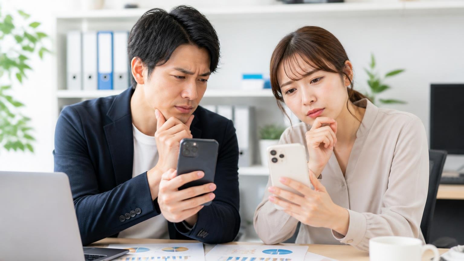 Googleマップの★は「件数」と「誰が何について書いたか」で読む 事務所でスマホの口コミ画面を見せ合う男女2人が首をかしげる