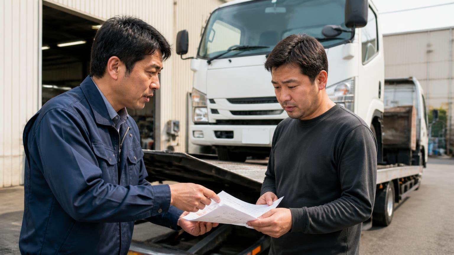 名義変更がいつ終わるのかを確認する 車庫で積載車に載るトラックの前 男性2人 書類を受け渡し念を押す
