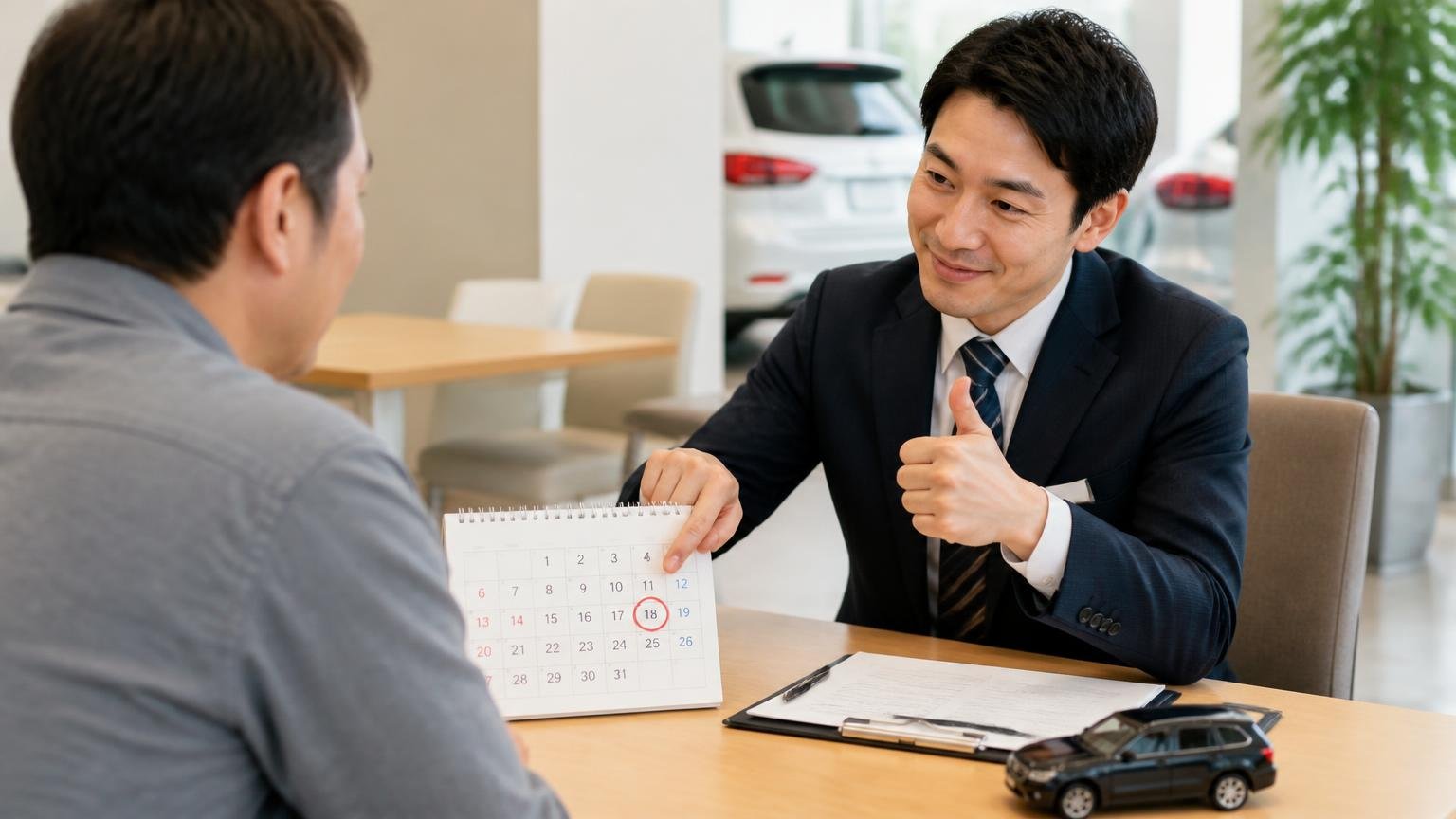 ディーラー下取りや一括査定が合う人もいる ディーラーの商談テーブル 納車日の書かれたカレンダーを指さしてうなずく男性