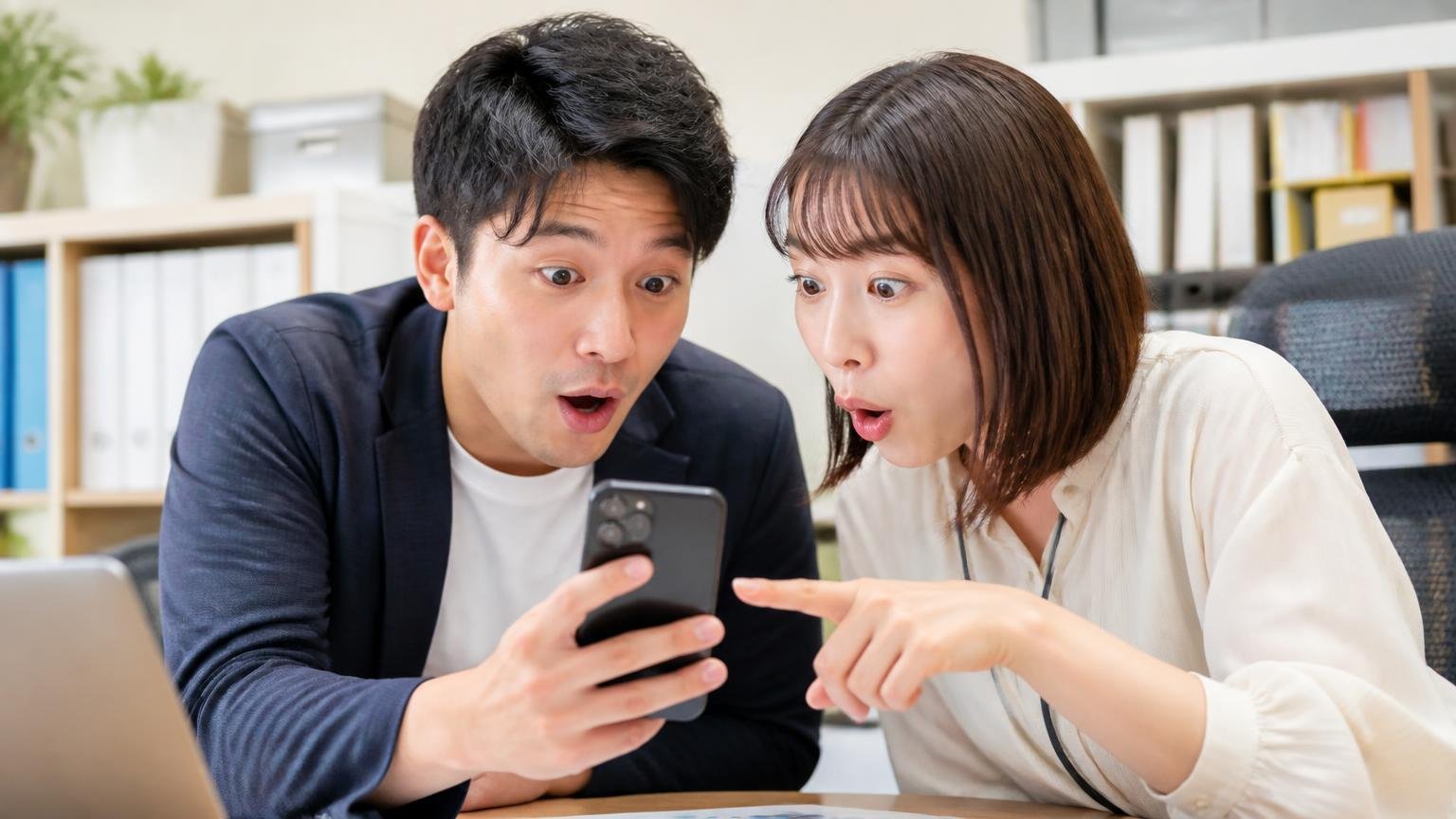口コミは件数と「誰が書いたか」を見る 事務所でスマホの口コミ画面を見せ合う場面 男女2人が星の数に目を丸くして身を乗り出す