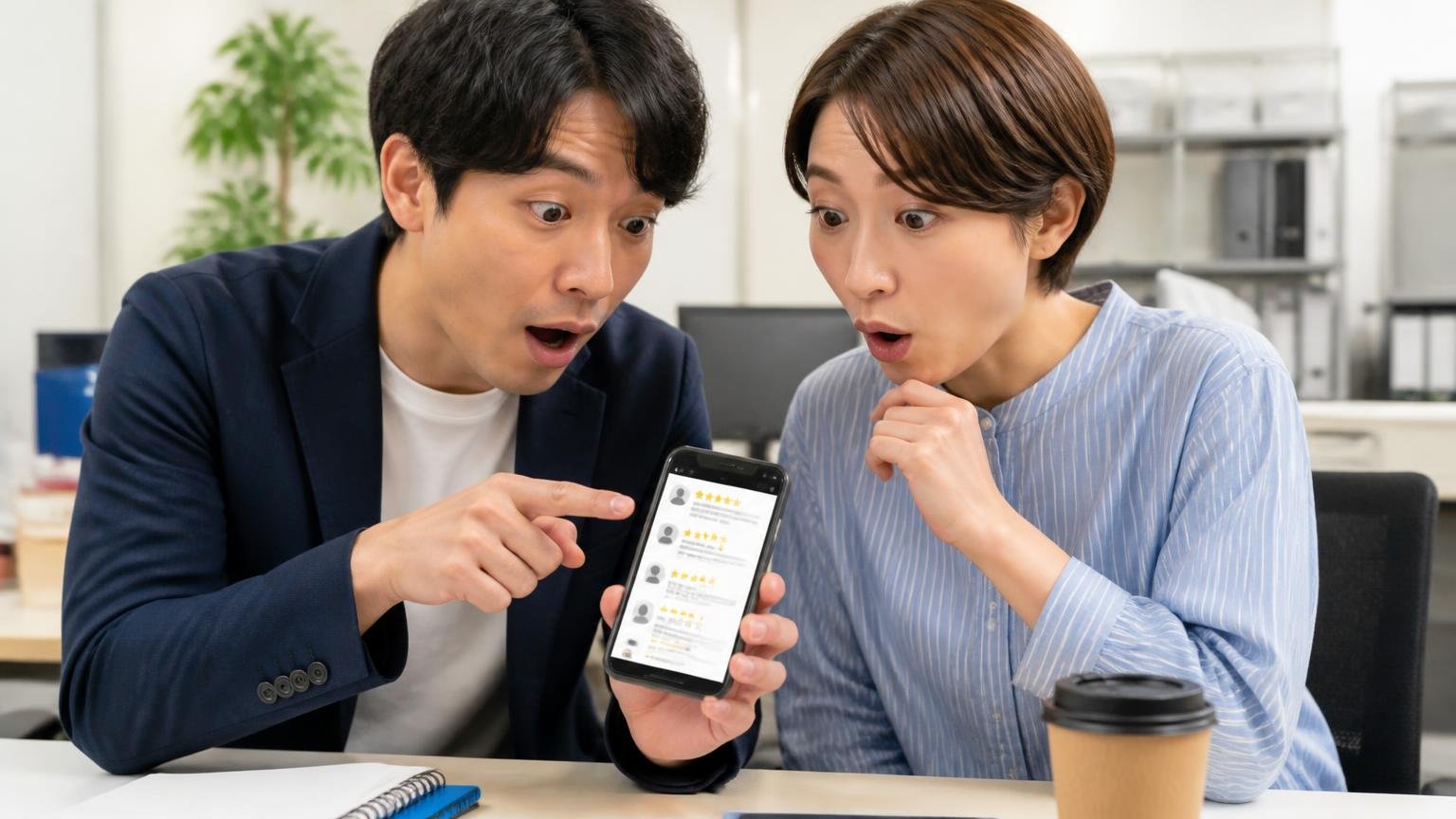 口コミは件数と「誰が何について書いたか」を見る 事務所でスマホの口コミ画面を見せ合う場面 男女2人が星の数に目を丸くして身を乗り出す