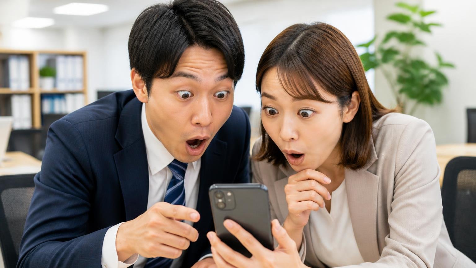口コミは件数と「誰が書いたか」で読む 事務所でスマホの口コミ画面を見せ合う場面 男女2人が星の数に目を丸くして身を乗り出す