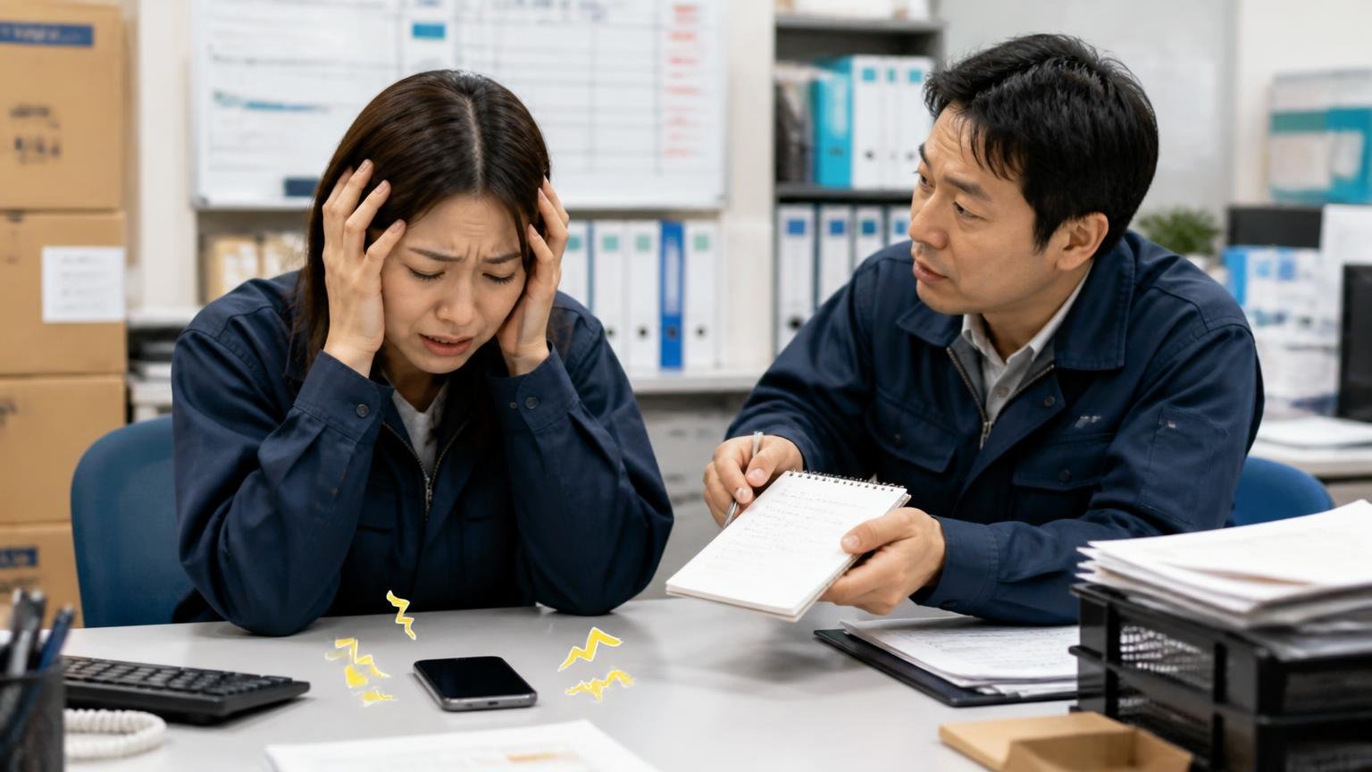 営業電話が不安なら申し込み時に連絡手段を指定する、運送会社の事務所で何度も鳴るスマホを前に頭を抱える30代女性と、横でメモを差し出す同僚の男性