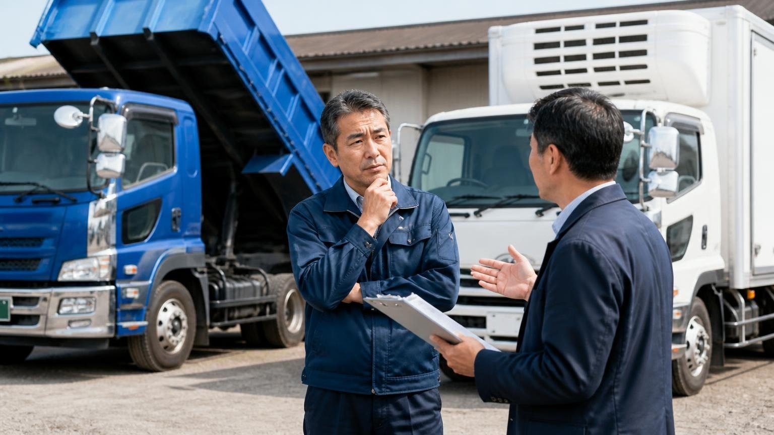 自分のトラックの車種・架装に強い業者を選ぶ 車庫に並んだダンプと冷凍車の前で査定員と話し込む中年の男性経営者1人