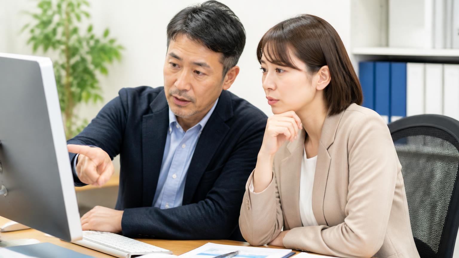 古物商許可と会社情報が公開されているか確認する、事務所のパソコンで買取業者の会社概要ページを開き、画面を指差して確かめる40代男性と30代女性