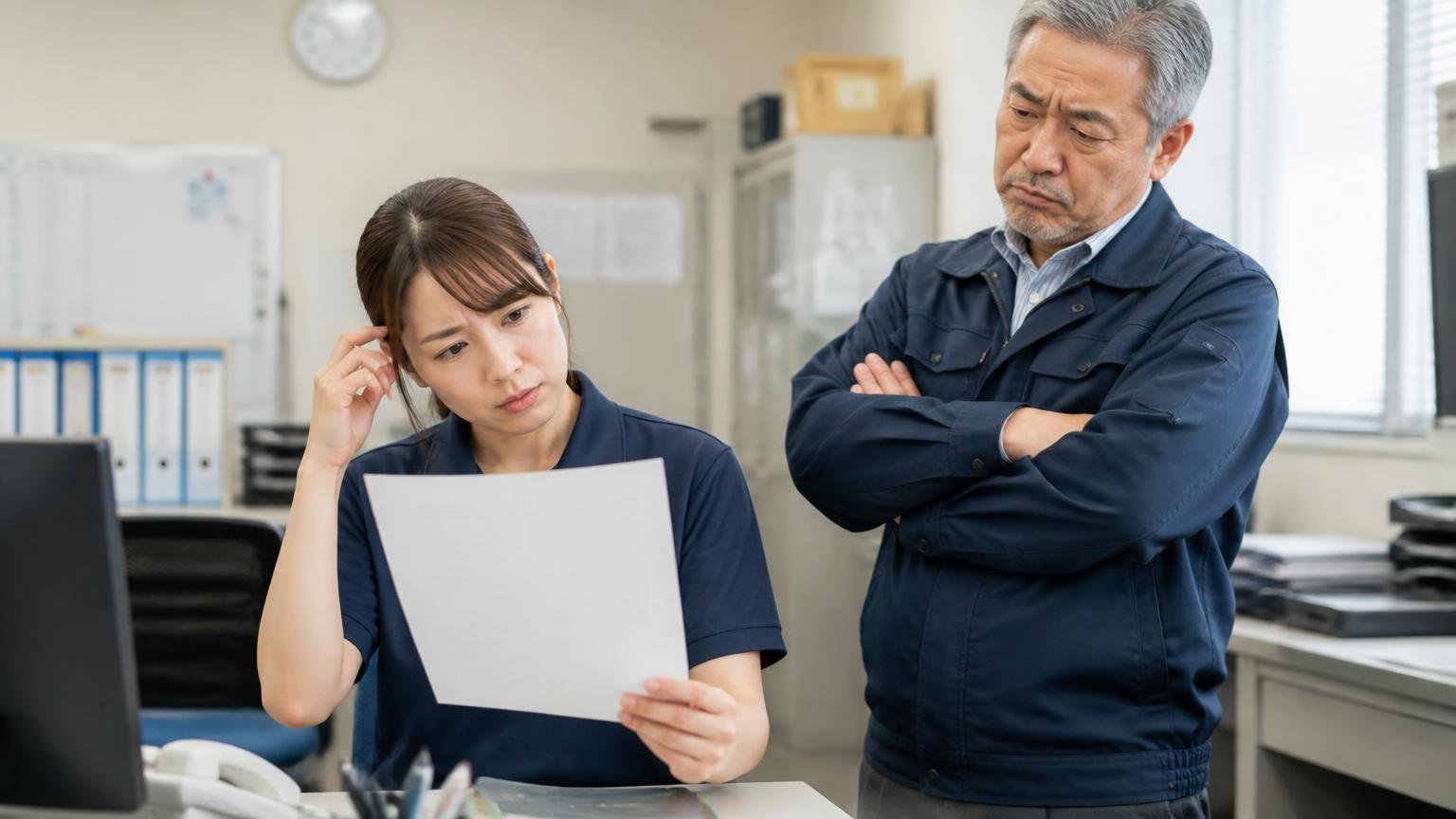 1社だけの査定では「高いか安いか」が分からない、運送会社の事務所で、30代の女性事務員が1枚の見積書を手に首をかしげ、隣の年配の上司が腕を組む場面