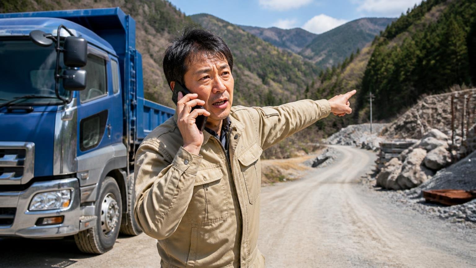 自分の所在地まで出張査定に来てもらえるか 山あいの資材置き場に停めたダンプの前 スマホで電話しながら道の先を指さす作業着の男性