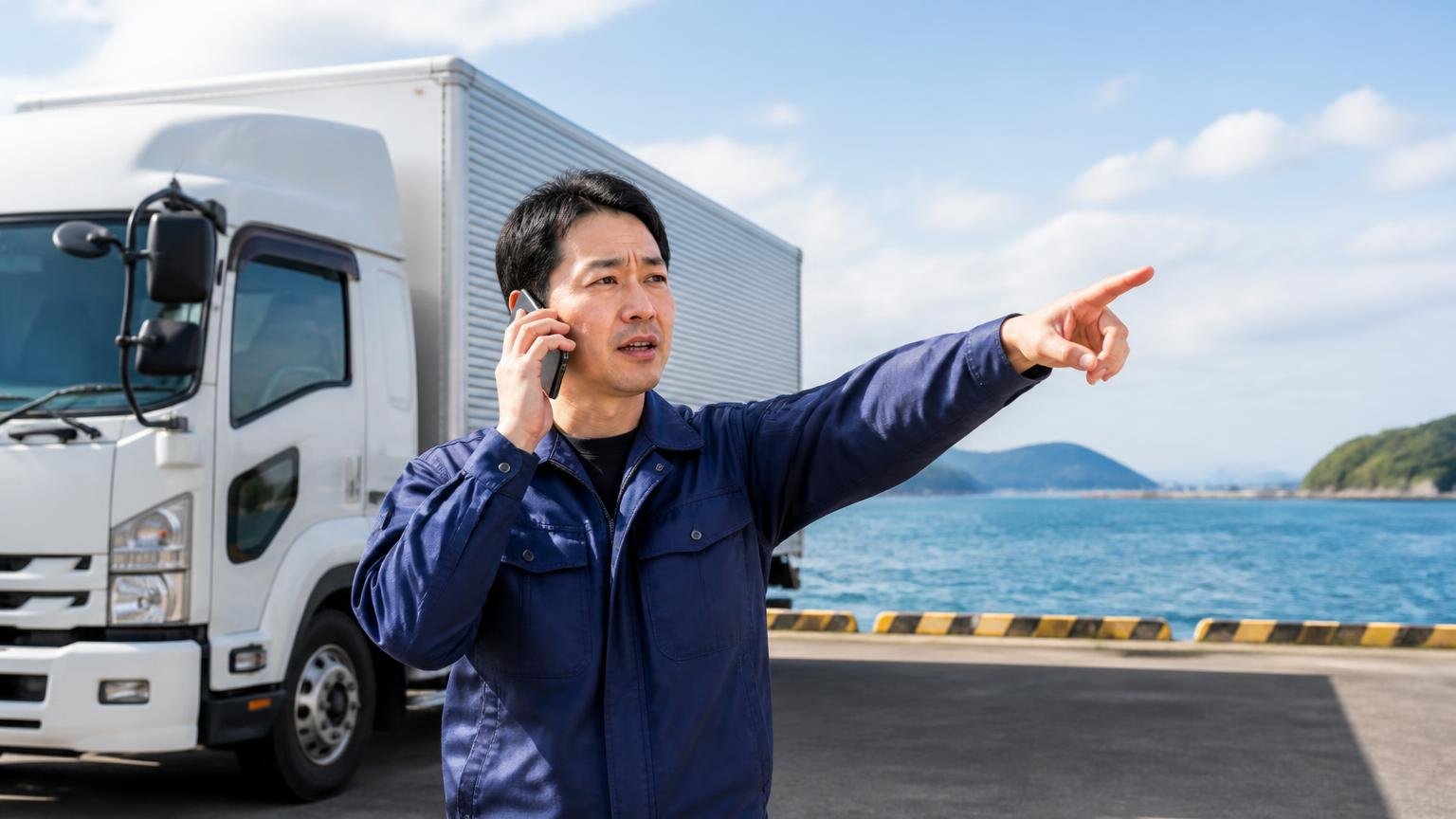 自分の営業所まで出張査定に来てもらえるか（唐津・伊万里・太良や離島も） 海沿いの車庫に停めたトラックの前 男性1人が電話で場所を伝える