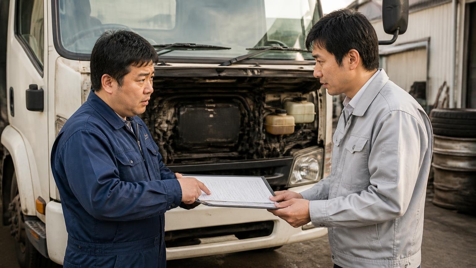 電話やフォームの概算額は「実車を見る前の数字」と知っておく 夕方の車庫でエンジンルームを開けた4tトラックの前 男性2人が査定書を挟んで顔を見合わせる