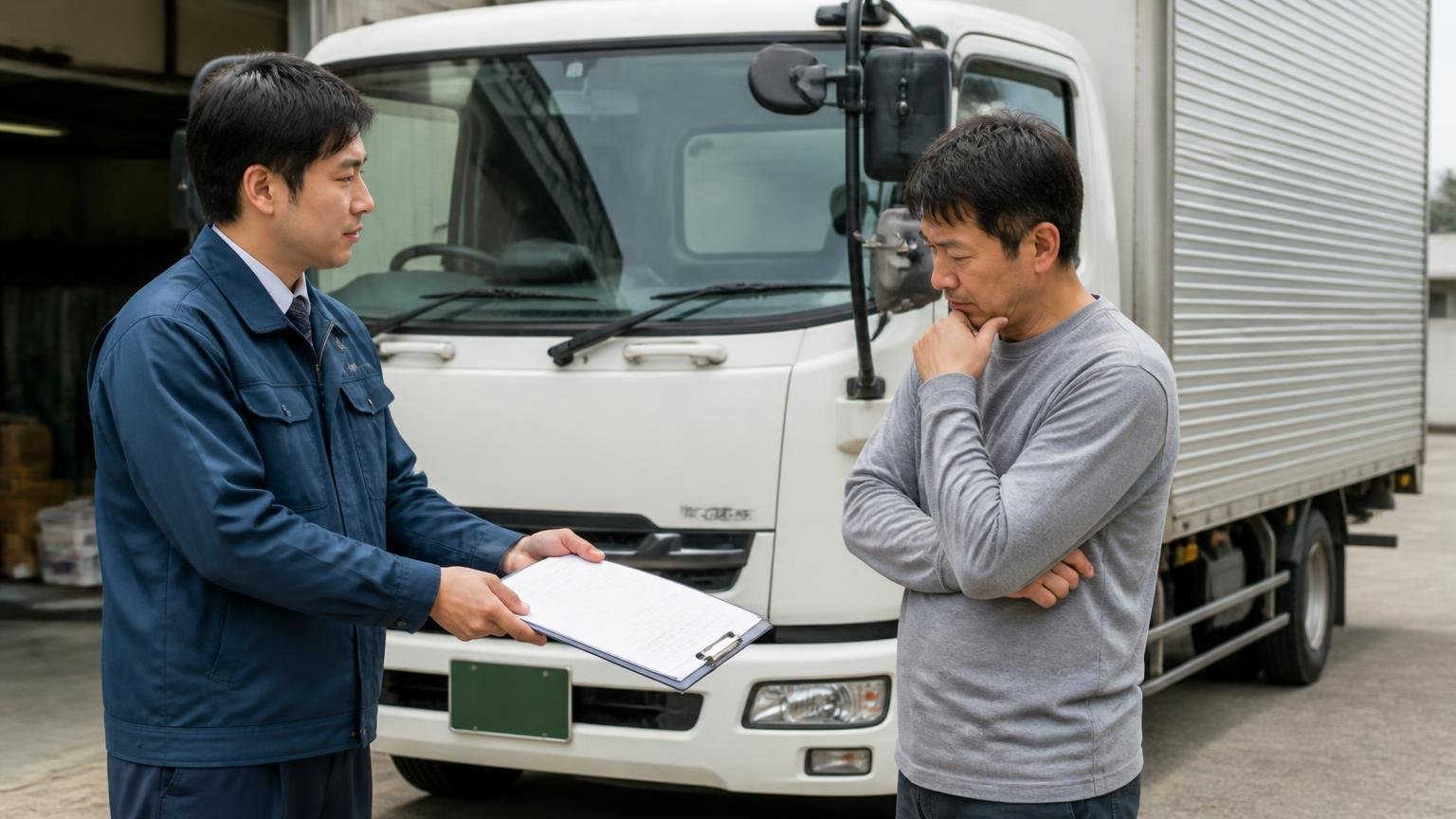 その場で契約を決めない 車庫に停めた4tトラックの前で書類を差し出す査定員と腕を組んで考え込む男性の2人