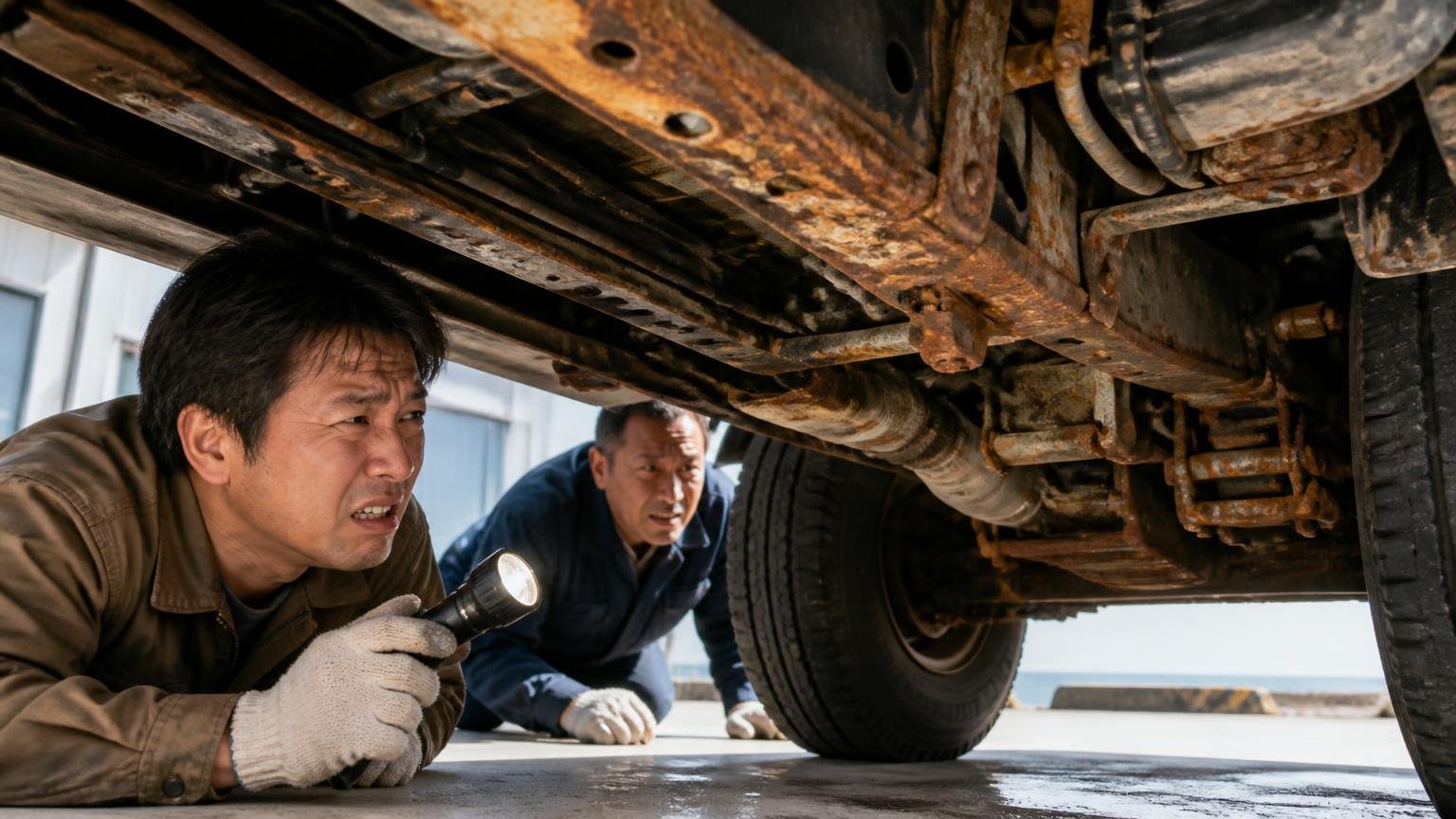 塩害のサビは下回りとフレームで評価が変わる 海沿いの車庫でトラックの下回りをライトで照らし覗き込む男性2人が顔をしかめる