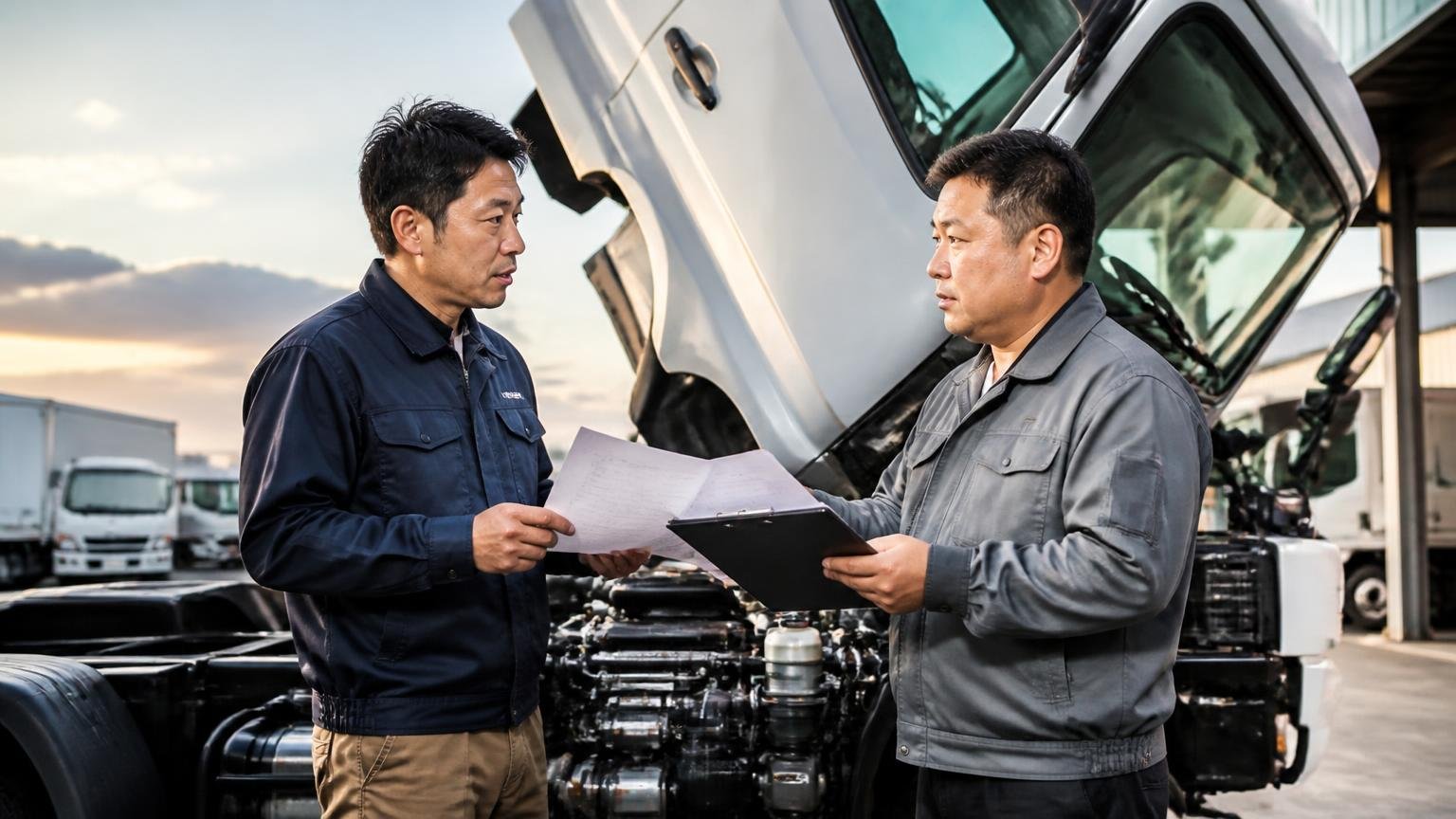 電話やフォームの概算額は「実車を見る前の数字」と知っておく 夕方の車庫でキャビンを上げた4tトラックの前 男性2人が査定書を挟んで顔を見合わせる