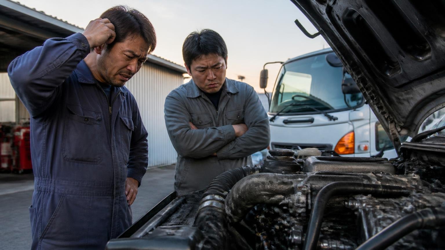 電話やフォームの概算額は「実車を見る前の数字」と知っておく 夕方の車庫でエンジンルームを開けた4tの前 男性2人がオイルの跡を見て顔をしかめる