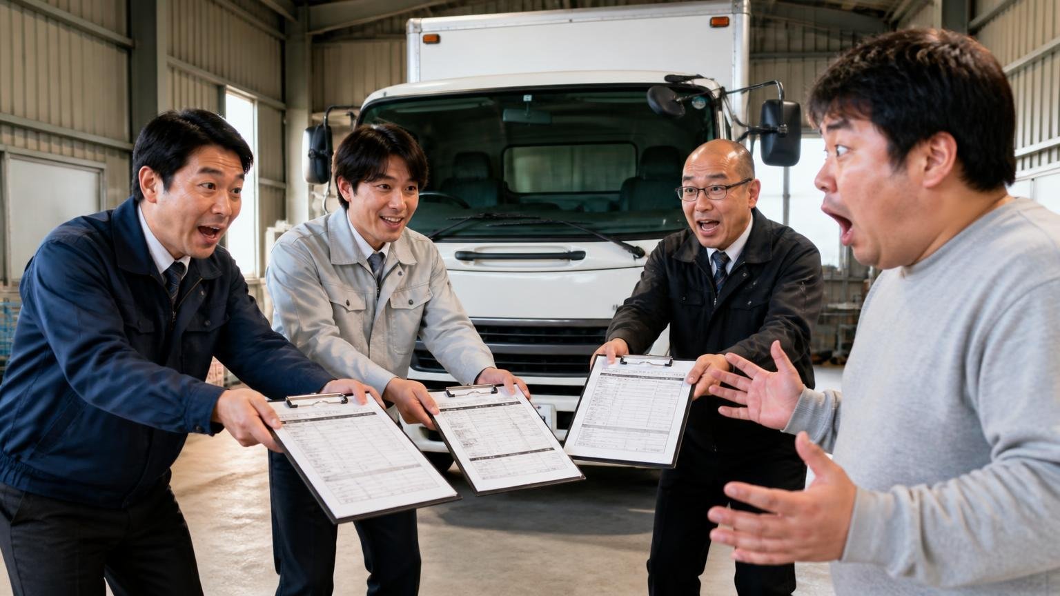 無料査定は2〜3社に頼み金額を横に並べる 車庫の4tトラックの前で査定スタッフ3人が見積書を差し出し持ち主が驚く