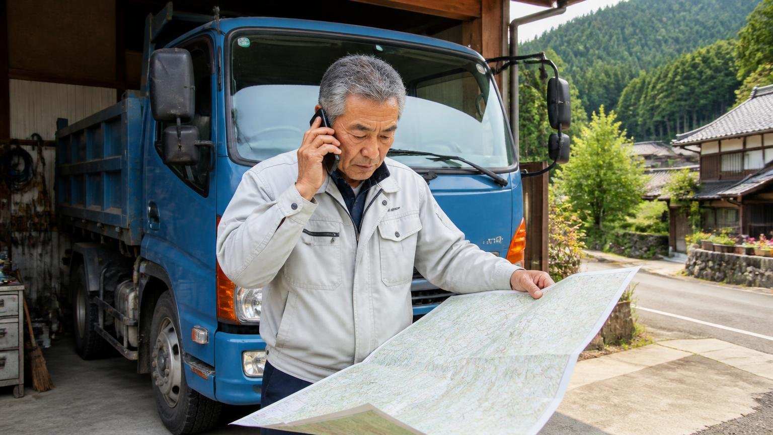 鳥取の山あいの集落の車庫で、ダンプトラックの前で地図を広げて電話する60代男性1人