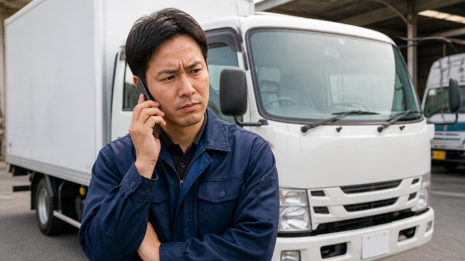電話やフォームの概算は「実車を見る前の数字」と知っておく 営業所の車庫で2tトラックの前に立つ男性が電話しながら眉をひそめる