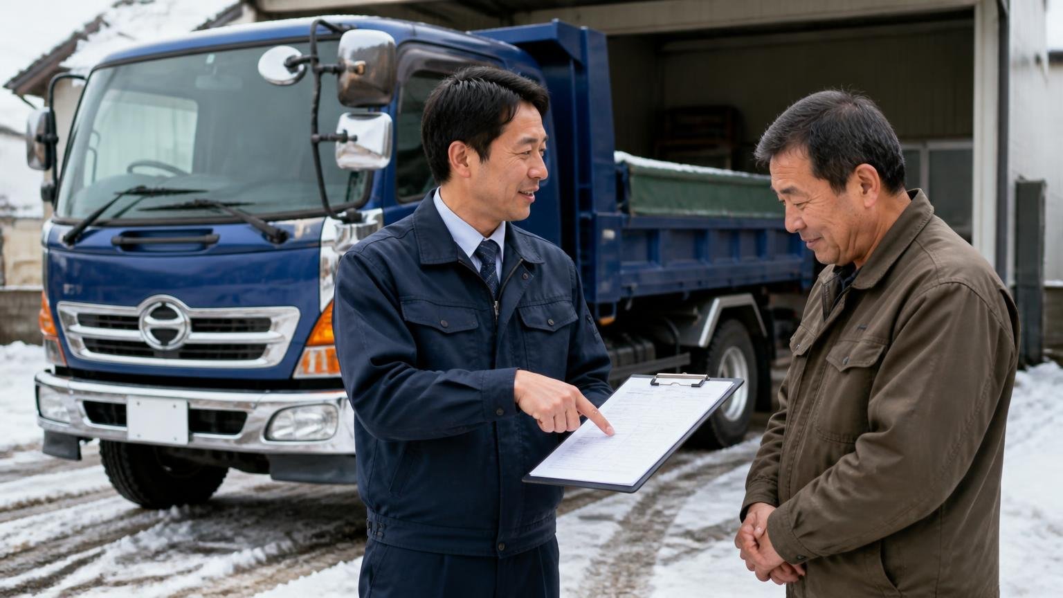 査定料・出張費は「不成立でも無料」か 雪の残る車庫前で4tダンプを前に見積書を指さす査定員の男性1人と依頼者の男性1人、穏やかな表情