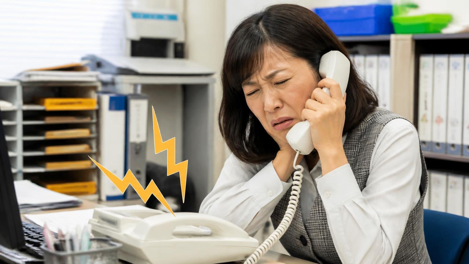 「営業電話がしつこい」は金額の話とは別、連絡手段を最初に指定する。運送会社の事務所で鳴り続ける固定電話を前に、受話器を押さえてうんざりした顔の女性事務員1人