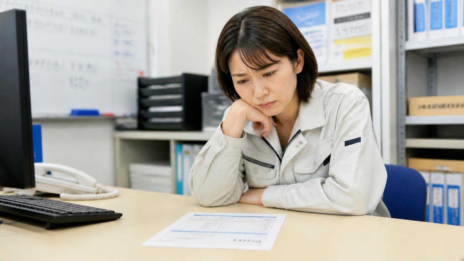 1社の金額だけで決めない|運送会社の事務所で見積書を1枚だけ机に置き眉をひそめる30代女性事務員1人