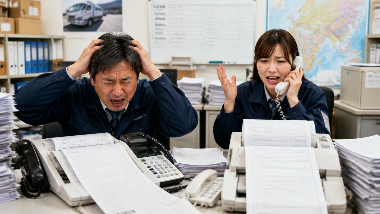 営業電話とFAXの不満は金額の話とは別物 運送会社の事務所 鳴り続ける電話とFAXを前に頭を抱える40代男性社長と若い女性事務員