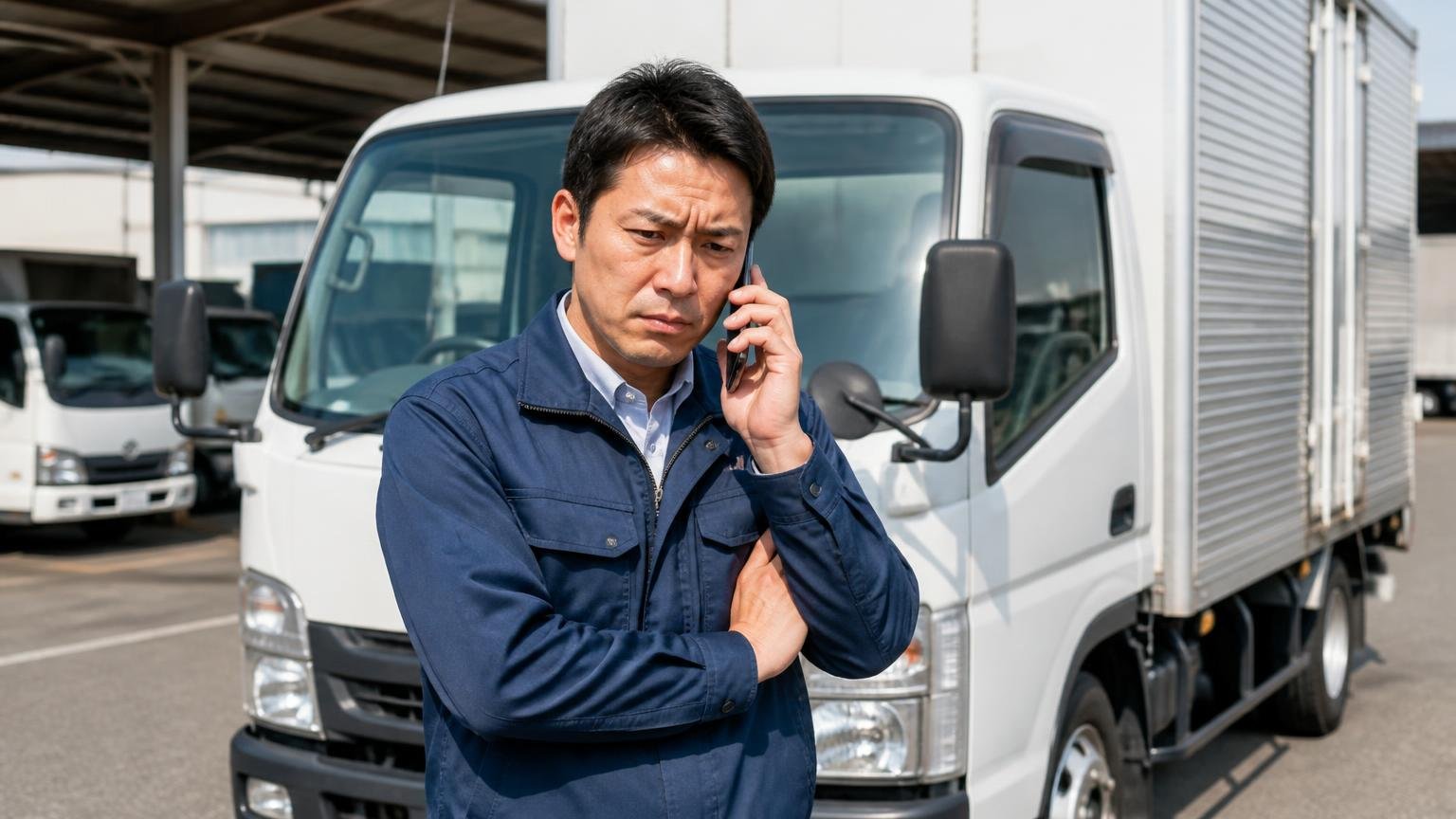 電話やフォームの概算は「実車を見る前の数字」と知っておく 営業所の車庫で2tトラックの前に立つ男性が電話しながら眉をひそめる