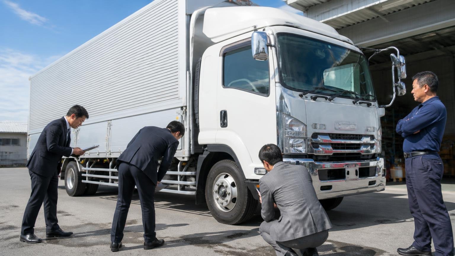 1社の言い値で決めない。営業所の車庫前に停めた4tウイングを3人の査定士が同時に見比べ、オーナーが腕を組んで見守る