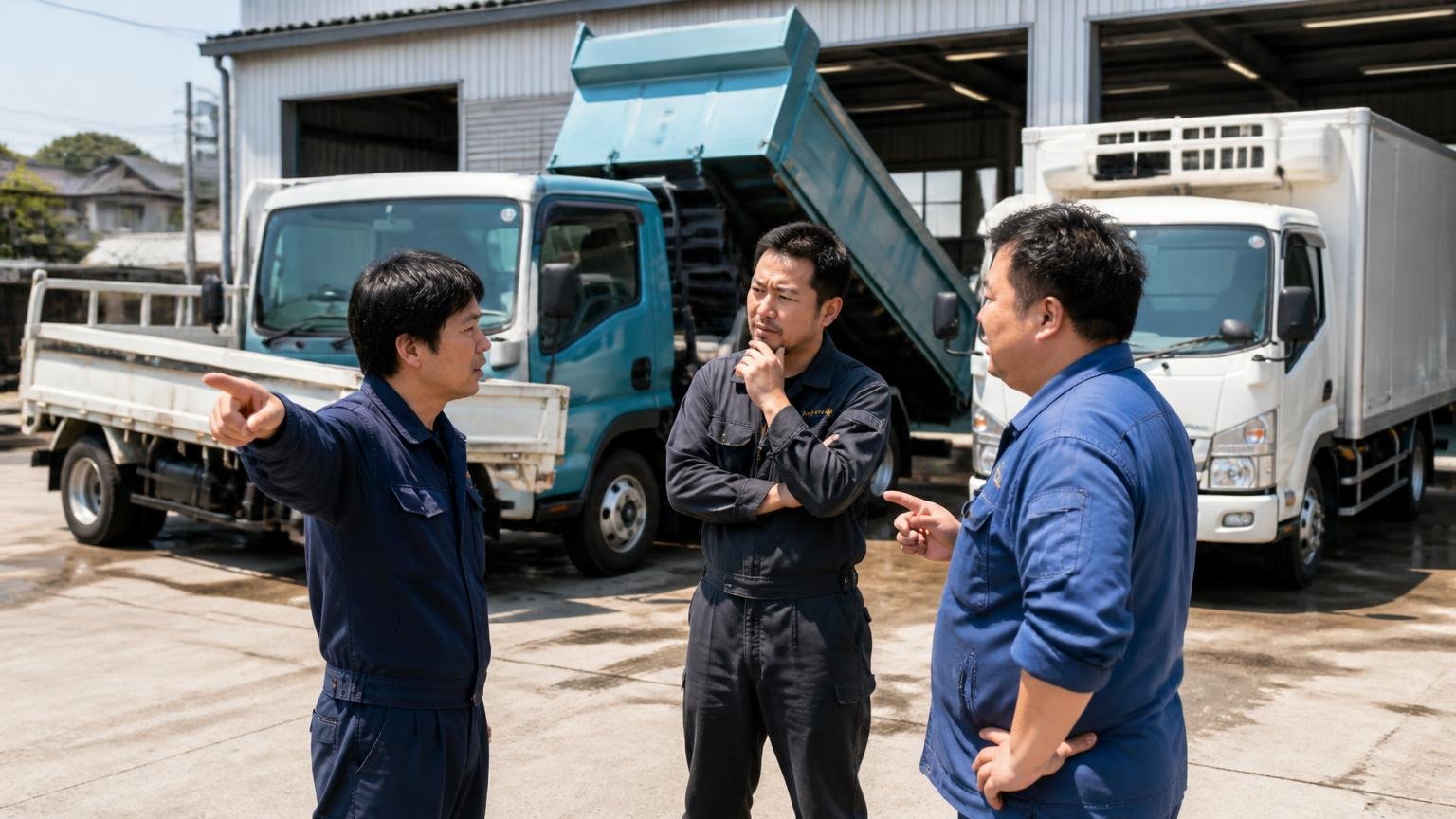 業者は4タイプ。得意な車と事情がまるで違う。高松市の整備工場前に平ボディ・ダンプ・冷凍車が並び、作業着の男性3人が指差して相談する